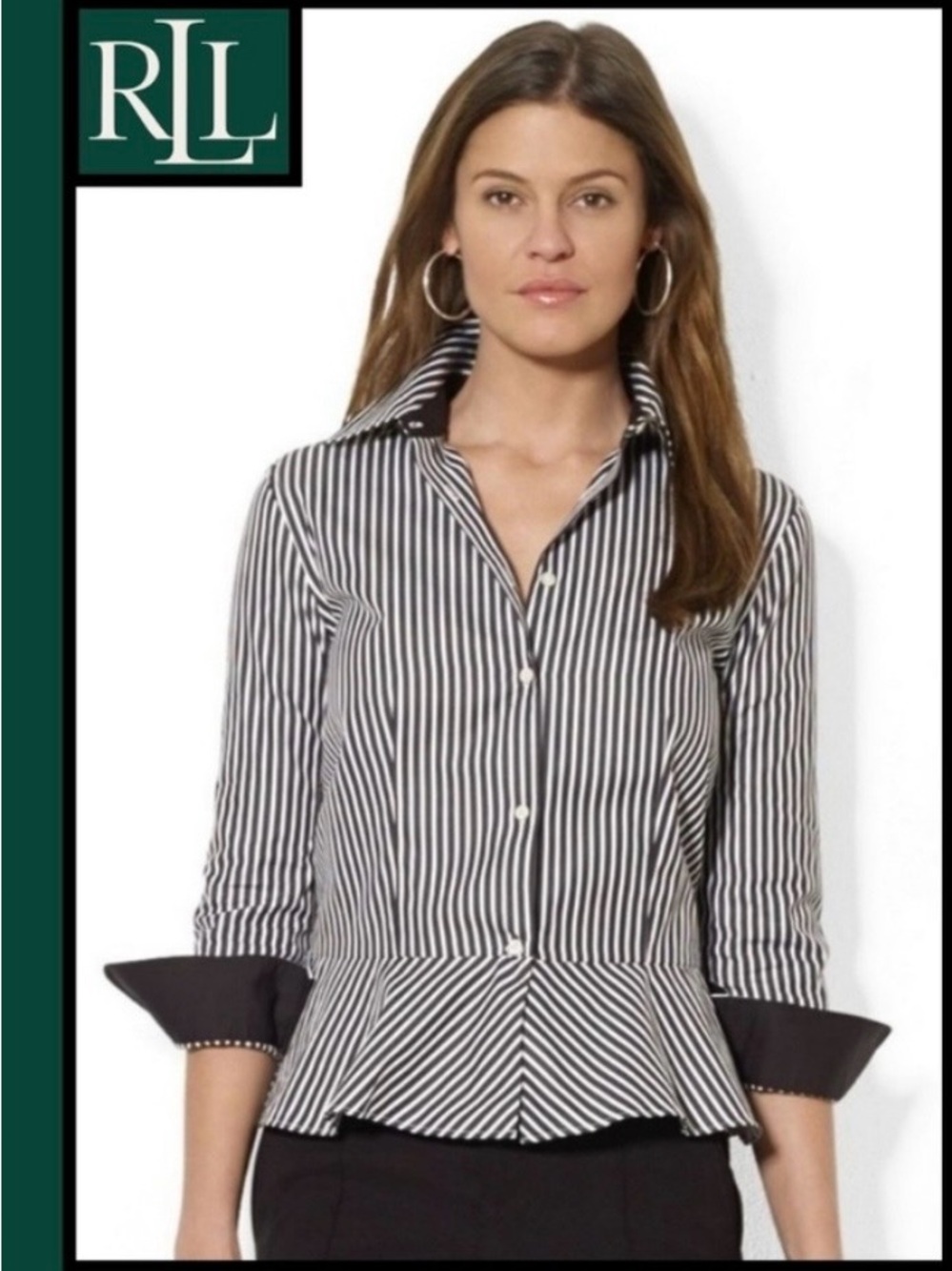 Ralph Lauren Black and White Striped Button-Down Peplum Shirt